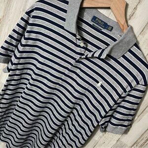 Polo Ralph‎ Lauren Gray Blue Stripe Short Sleeve Polo Shirt Mens Large